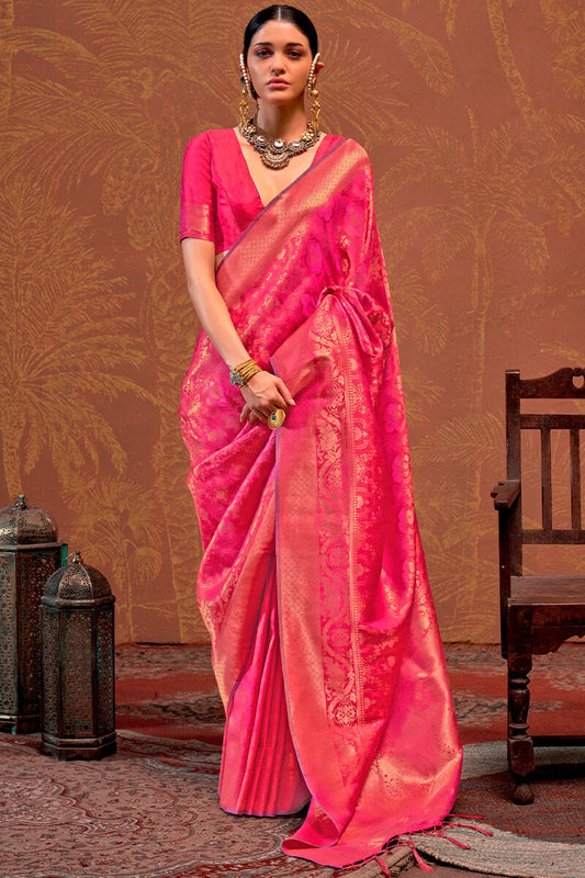Trendy Dark Pink Kanjivaram Silk Saree With Flattering Blouse Piece