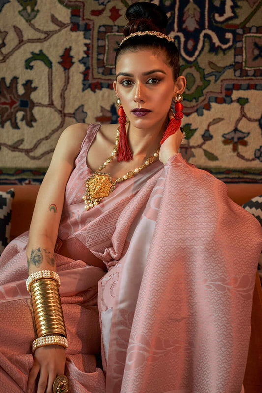 Diaphanous Baby Pink Kanjivaram Silk Saree With Moiety Blouse Piece