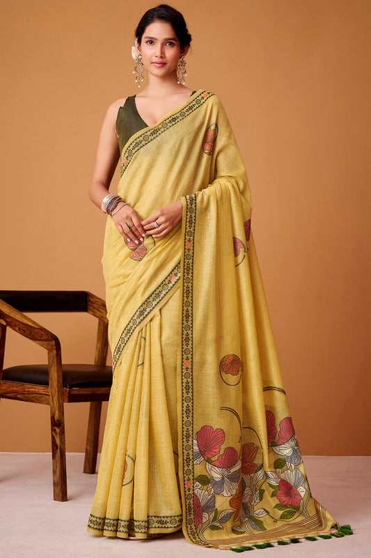 Stunner Yellow Jamdani Cotton Silk Saree With Dissemble Blouse Piece