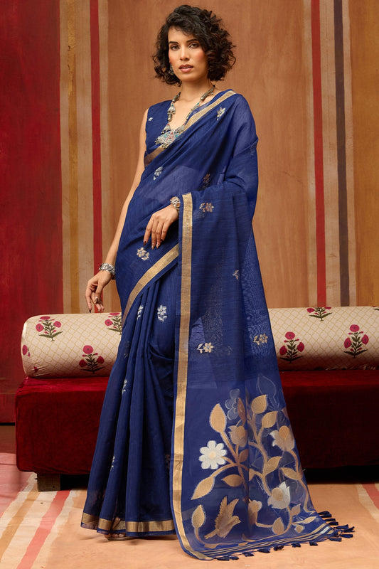 Desuetude Navy Blue Pure Munga Cotton Silk Saree With Supernal Blouse Piece