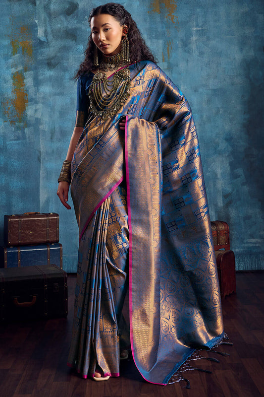 Confounding Navy Blue Kanjivaram Silk Saree With Groovy Blouse Piece