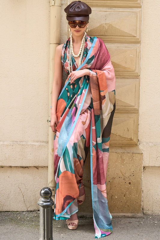Fairytale Multicolor Digital Printed Satin Silk Saree With Stunner Blouse Piece