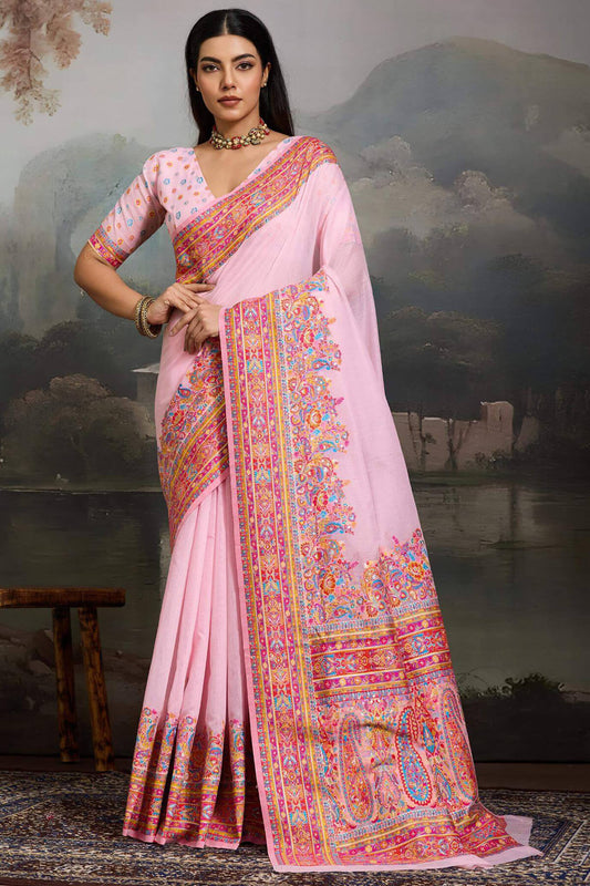 Twirling Pink Pashmina saree With Glamorous Blouse Piece