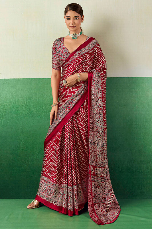 Assemblage Maroon Ajrakh Printed Semi Modal Silk Saree With Rhapsodic Blouse Piece