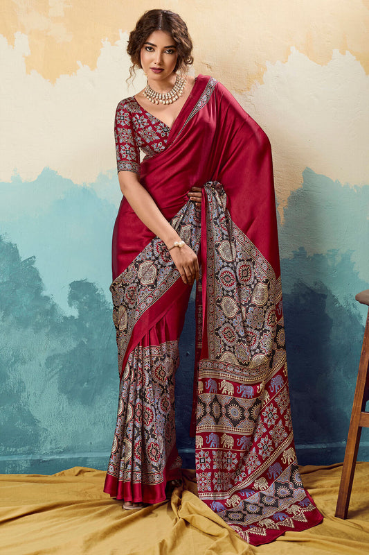 Scrumptious Maroon Ajrakh Printed Semi Modal Silk Saree With Splendiferous Blouse Piece