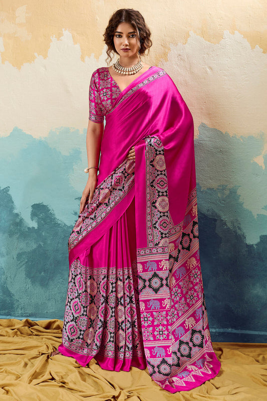 Stunner Dark Pink Ajrakh Printed Semi Modal Silk Saree With Beleaguer Blouse Piece