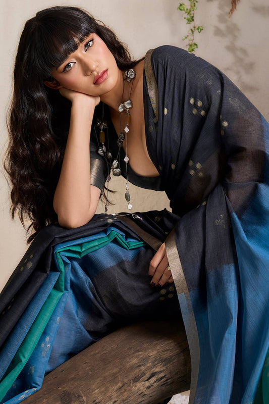 Diaphanous Black and Blue Viscose Cotton Silk Saree With Zephyr Blouse Piece