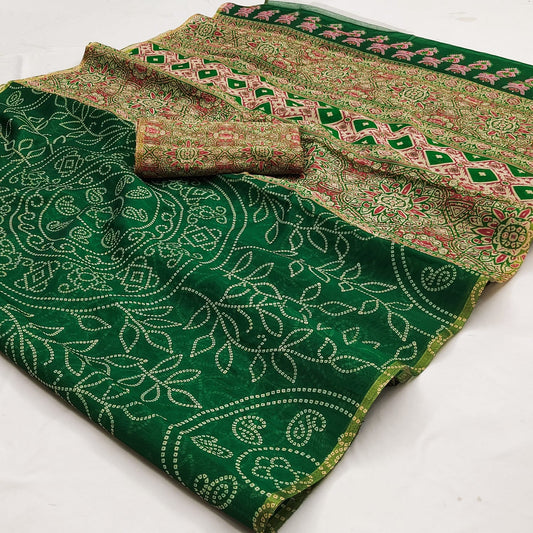 Gossamer Green Printed Cotton Silk Saree With Splendorous Blouse Piece