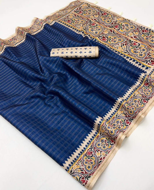Improbable Blue Printed Tussar Silk Saree With Refreshing Blouse Piece