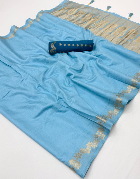 Entrancing Sky Viscose Cotton Silk Saree With Blissful Blouse Piece