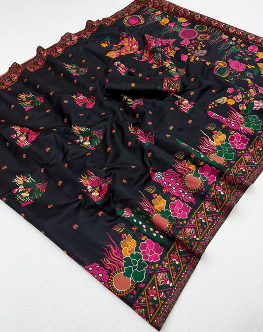 Sensational Black Pashmina Silk Saree With Evanescent Blouse Piece