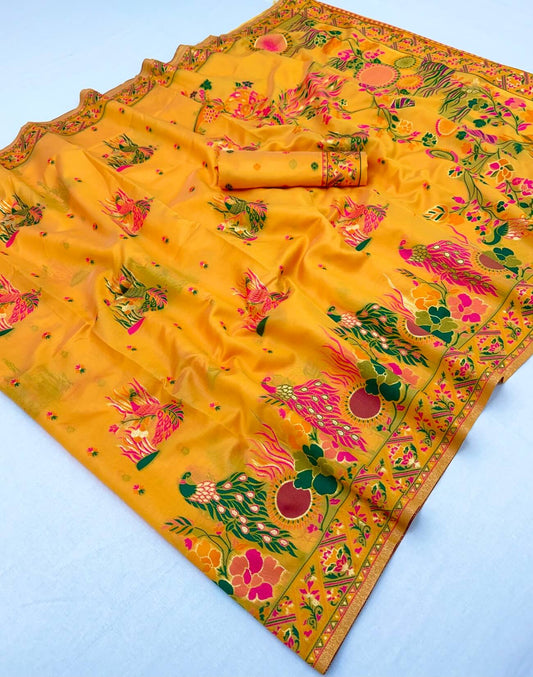 Lustrous Yellow Pashmina Silk Saree With Elegant Blouse Piece