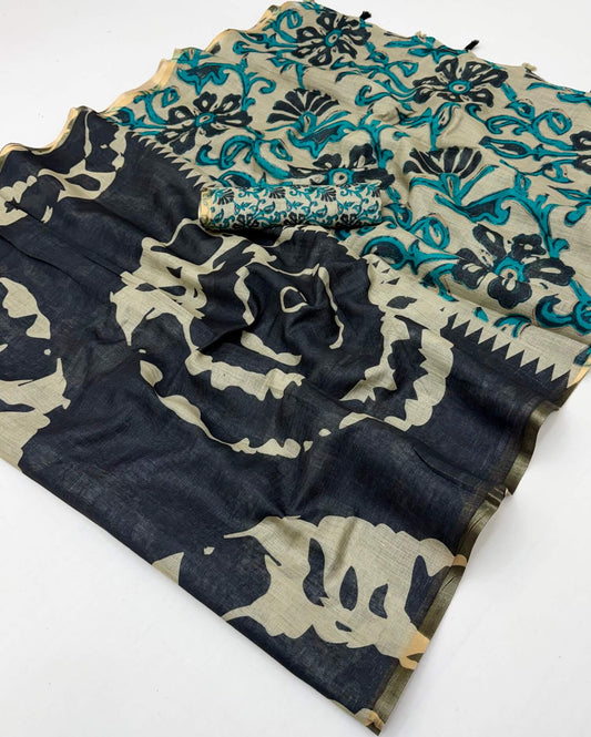 Classic Black Printed Cotton Silk Saree With Arresting Blouse Piece