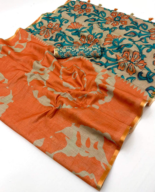 Panoply Orange Printed Cotton Silk Saree With Verdant Blouse Piece