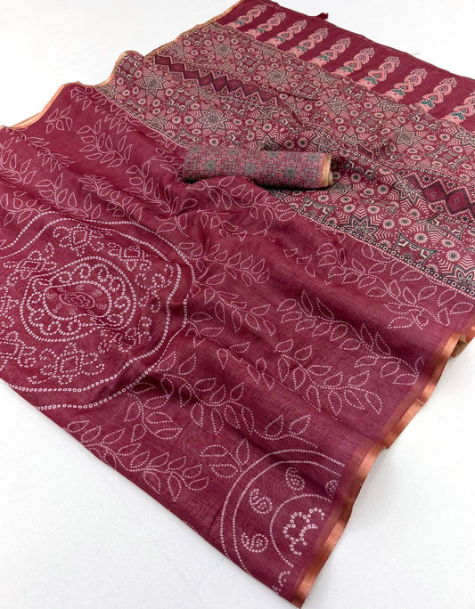 Confounding Maroon Printed Cotton Silk Saree With Supernal Blouse Piece