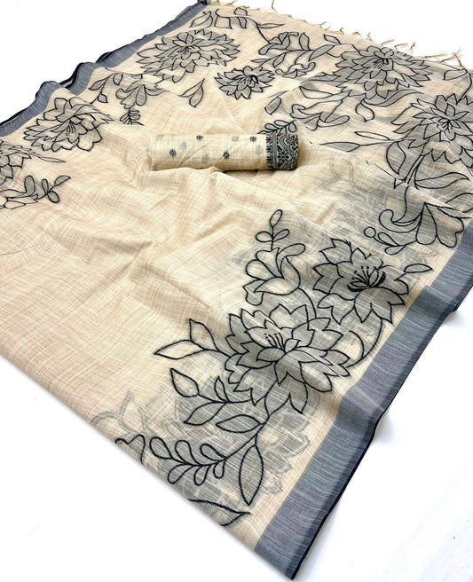 Desiring Beige Pure Munga Cotton Silk Saree With Stunning Blouse Piece