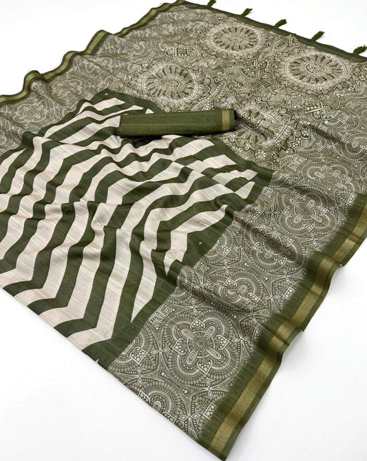 Breathtaking Green Printed Cotton Silk Saree With Adorning Blouse Piece