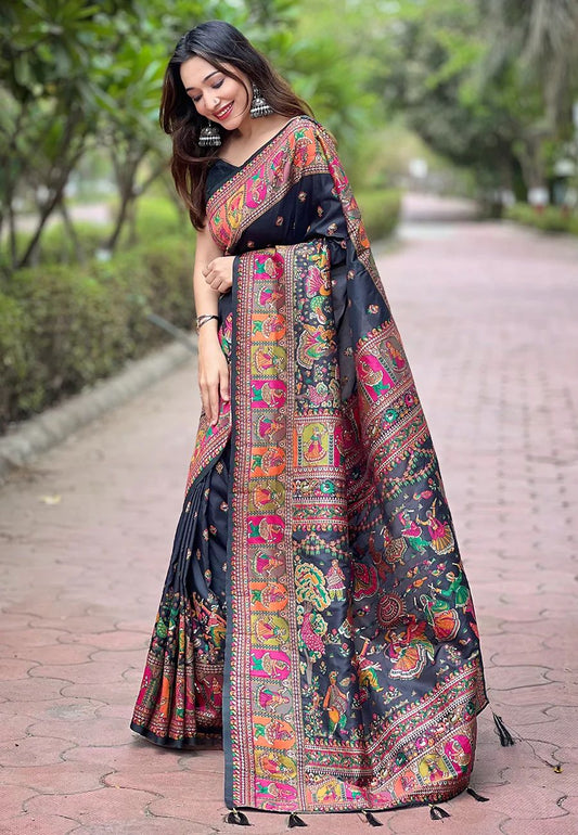 Lovely Black Nylon Dola Pashmina Saree With Precious Blouse Piece