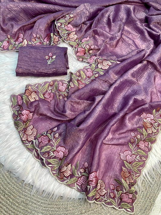 Marvellous Lavender Embroidery Work Crush Silk Saree With Imbrication Blouse Piece