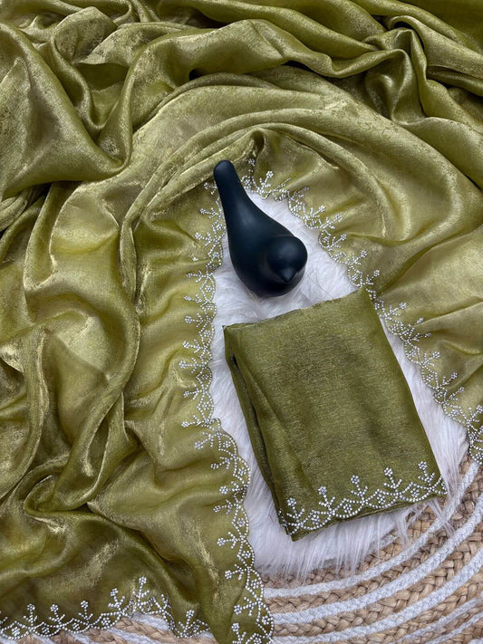 Tremendous Green Swarovski Work Fandy Silk Saree With Aplomb Blouse Piece