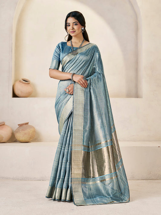 Whimsical Blue Zari Weaving Linen Silk Saree With Enthralling Blouse Piece