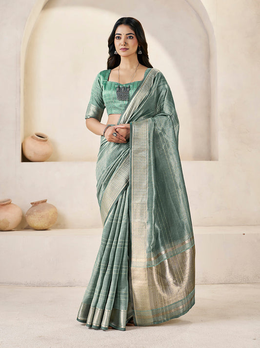 Entrancing Green Zari Weaving Linen Silk Saree With Invaluable Blouse Piece