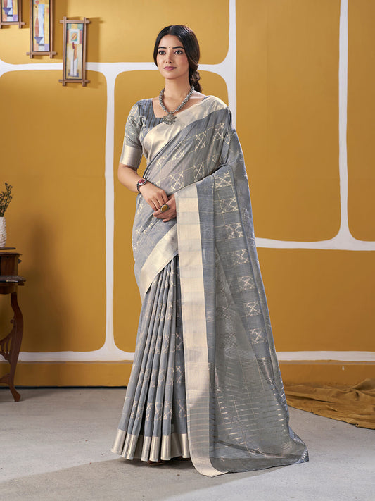 Sizzling Silver Zari Weaving Linen Silk Saree With Quixotic Blouse Piece