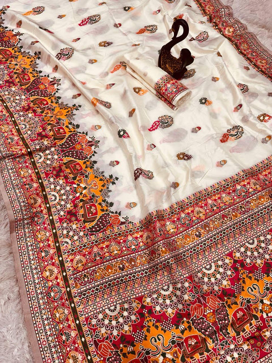 Glamorous Beige Pashmina Saree With Pulsating Blouse Piece