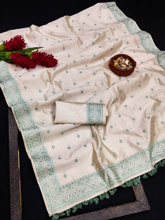 Hypnotic Off White Embroidery Work Tussar Silk Saree With Marvellous Blouse Piece