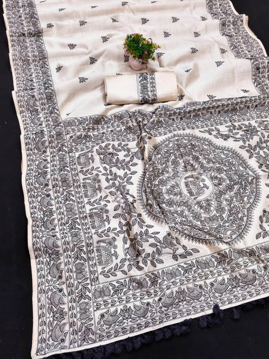 Jazzy Off White Embroidery Work Tussar Silk Saree With Sempiternal Blouse Piece