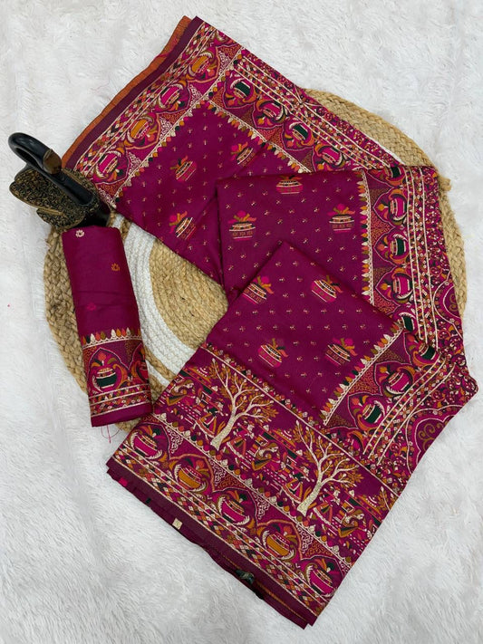Embrocation Purple Pashmina Saree With Beauteous Blouse Piece