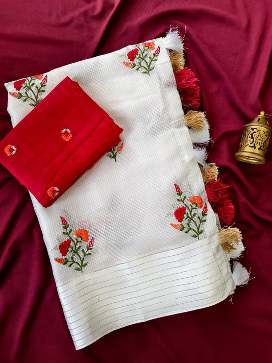 Eloquence Off White Embroidery Work Kota Doriya Silk Saree With Traditional Blouse Piece