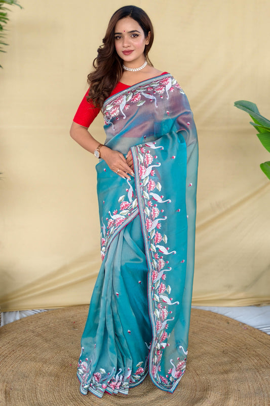 Ebullience Firozi Embroidery Work Fandy Silk Saree With Pleasurable Blouse Piece