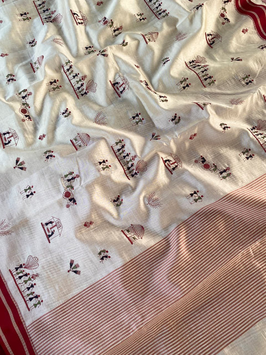 Appealing Off White Embroidery Work Tussar Silk Saree With Lissome Blouse Piece