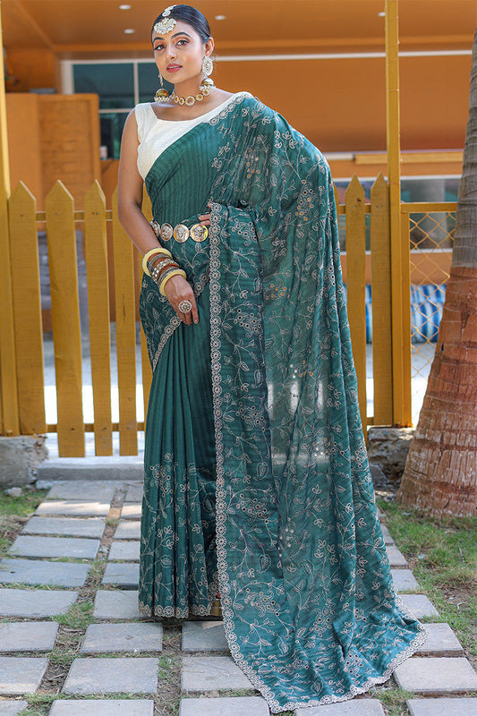 Beauteous Rama Embroidery Work Soft Silk Saree With Ideal Blouse Piece
