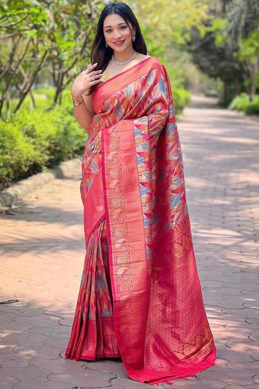 Flaunt Dark Pink Kanjivaram Silk Saree With Sizzling Blouse Piece