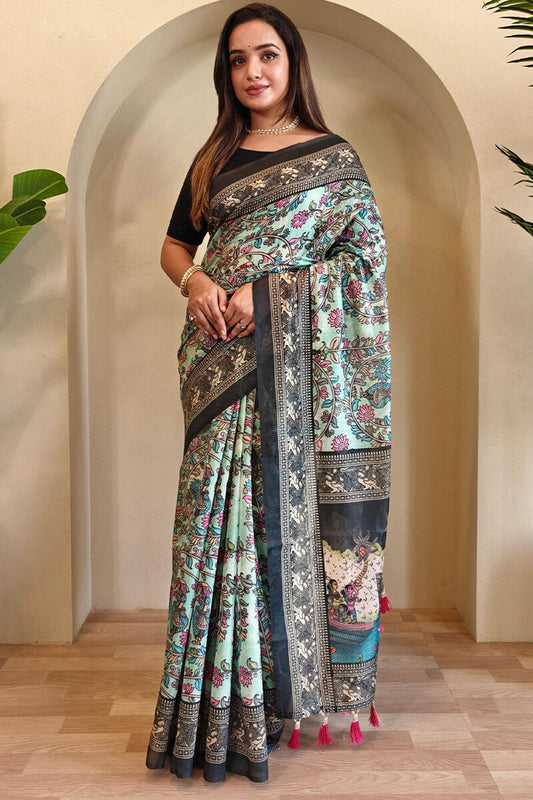 Nectarous Sky Kalamkari Printed Saree With Incomparable Blouse Piece