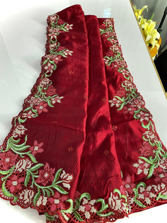 Surpassing Maroon Embroidery Work Tussar Silk Saree With Captivating Blouse Piece