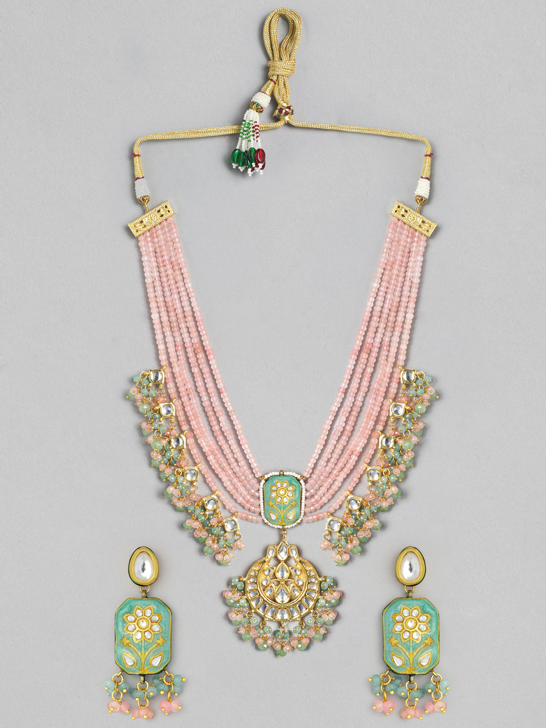 Wentra Gold Plated Handcrafted Enamel & Kundan Pink Beads Necklace Set
