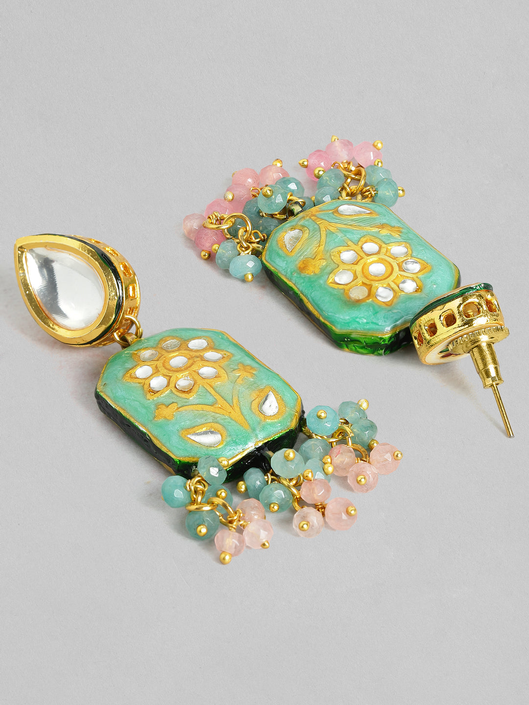 Wentra Gold Plated Handcrafted Enamel & Kundan Pink Beads Necklace Set