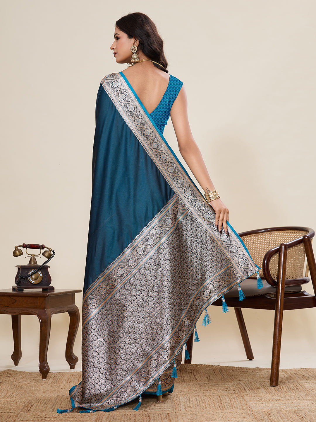 Navy Blue Banarasi Soft Silk Saree with Heavy Silver Zari Woven Border & Rich Pallu