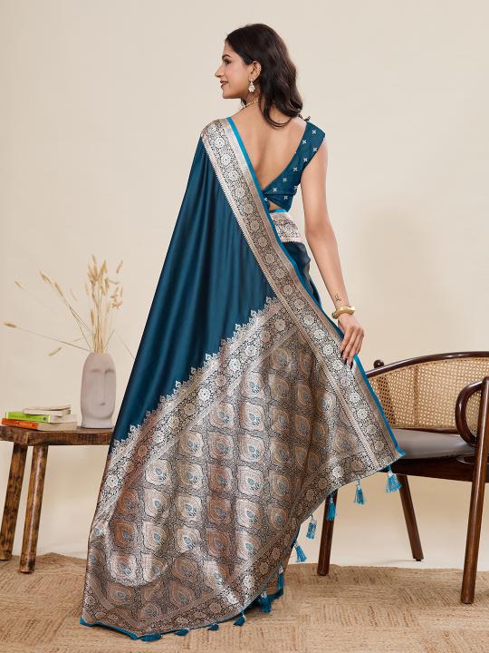 Women's Teal Blue Banarasi Silk Saree with Rich Zari Border & Designer Pallu