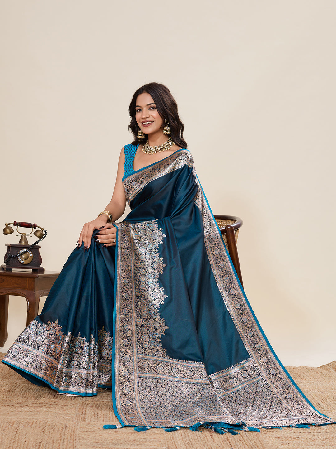 Navy Blue Banarasi Soft Silk Saree with Heavy Silver Zari Woven Border & Rich Pallu