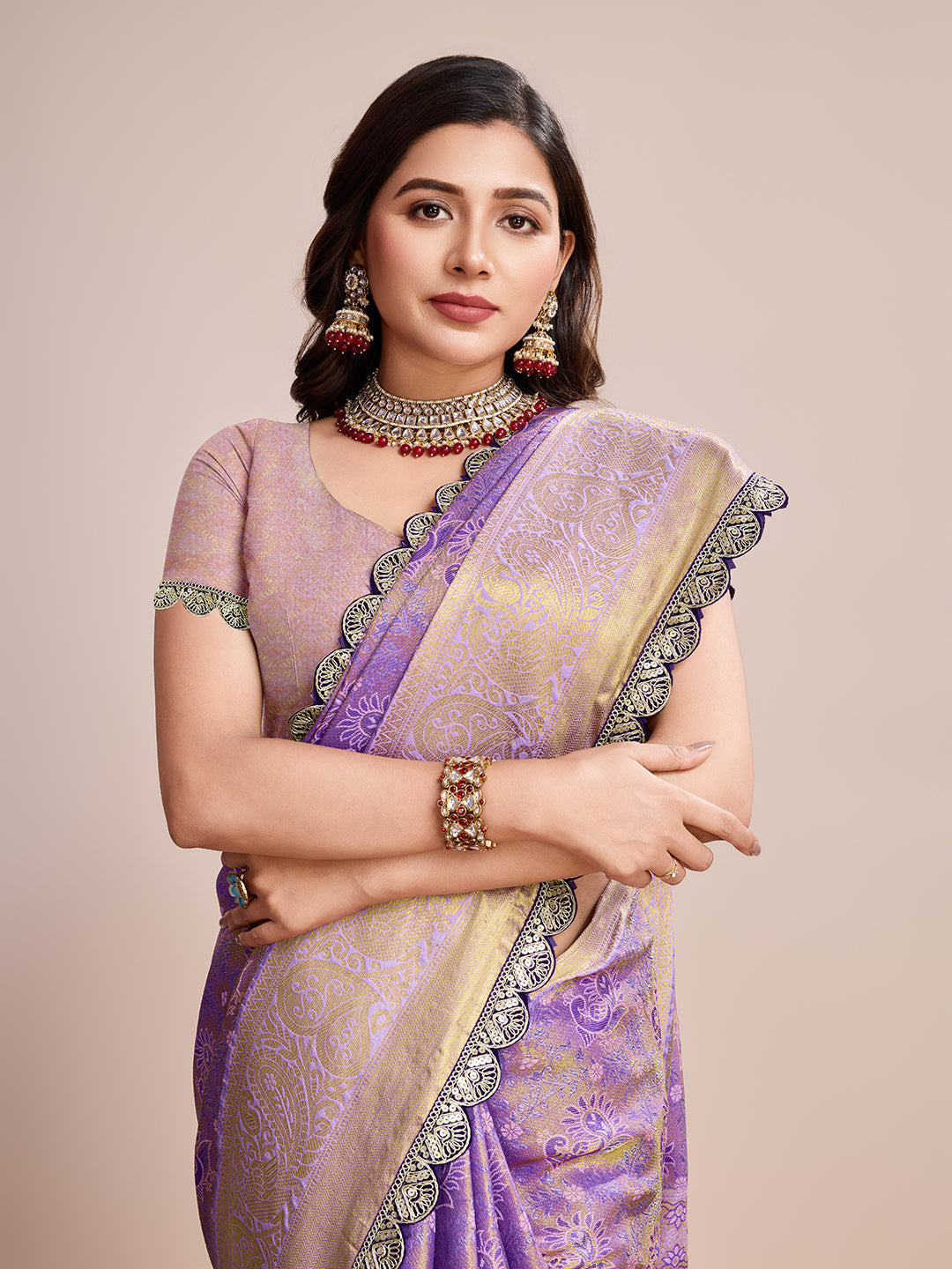 Women's Lavender & Gold Banarasi Silk Saree with Rich Zari Weaving