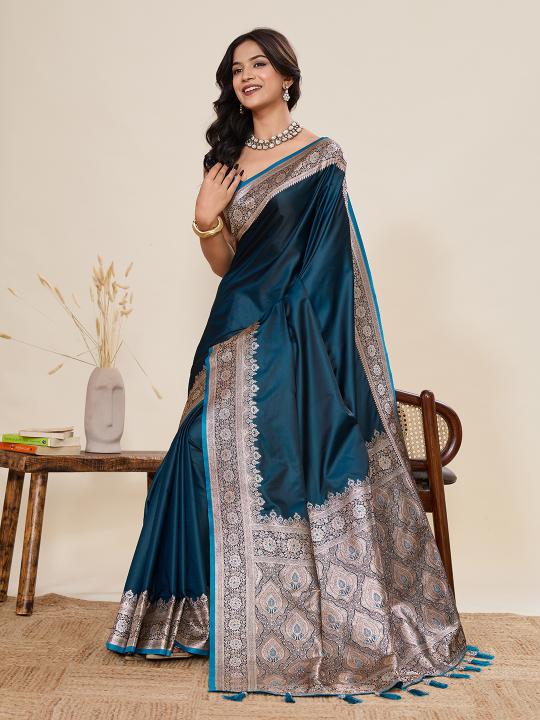 Women's Teal Blue Banarasi Silk Saree with Rich Zari Border & Designer Pallu