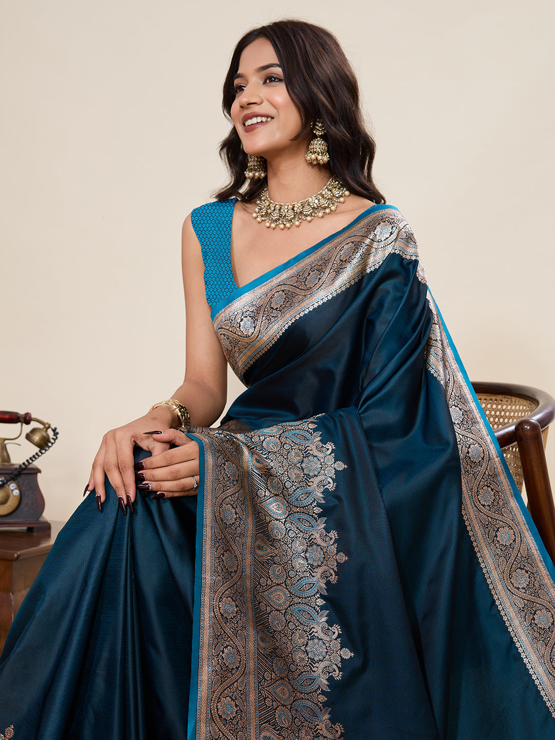 Navy Blue Banarasi Soft Silk Saree with Heavy Silver Zari Woven Border & Rich Pallu