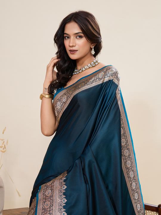 Women's Teal Blue Banarasi Silk Saree with Rich Zari Border & Designer Pallu