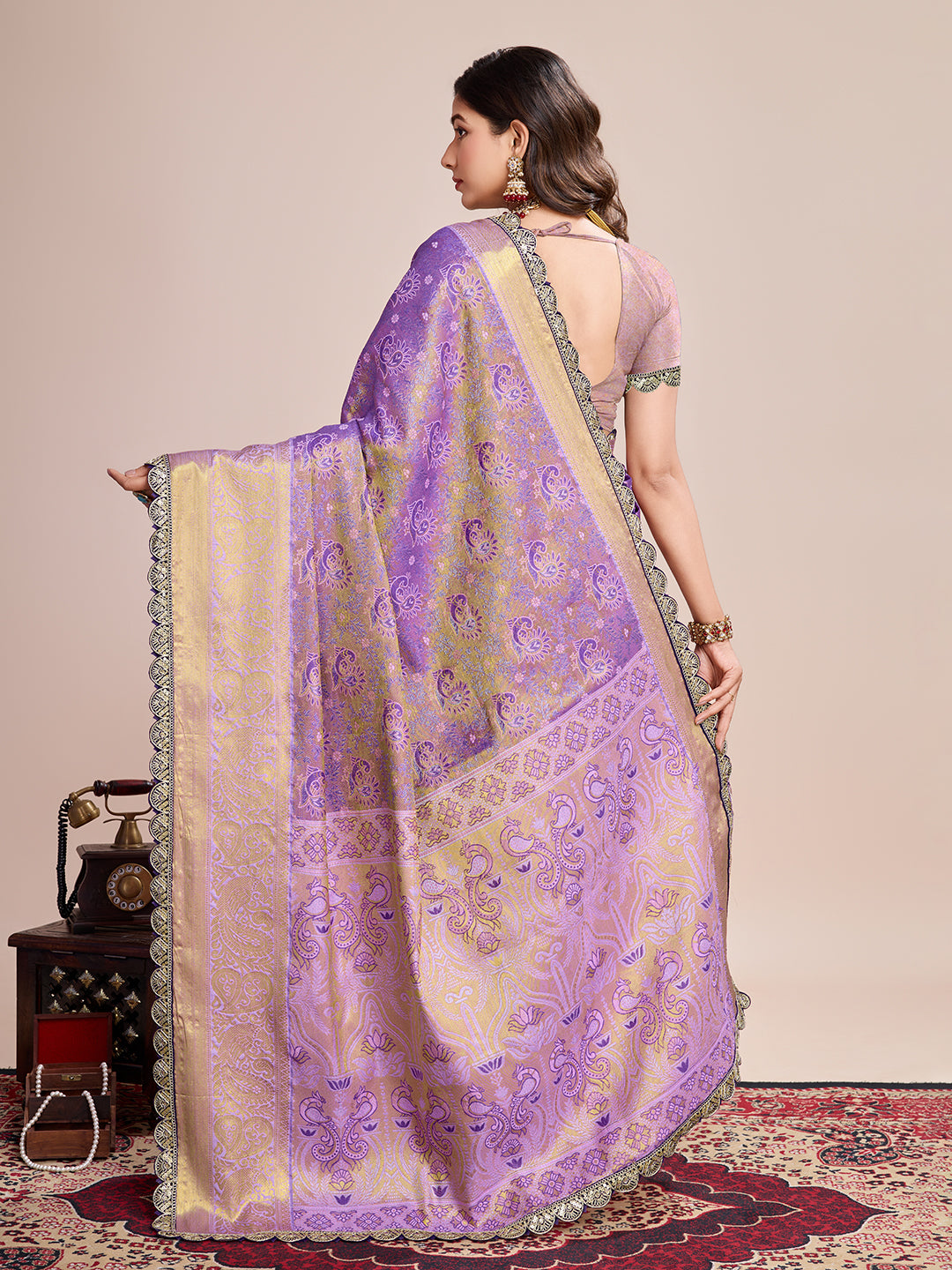 Women's Lavender & Gold Banarasi Silk Saree with Rich Zari Weaving