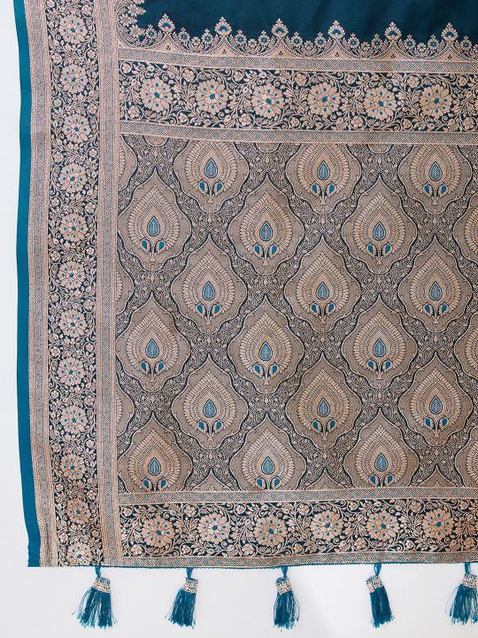 Women's Teal Blue Banarasi Silk Saree with Rich Zari Border & Designer Pallu