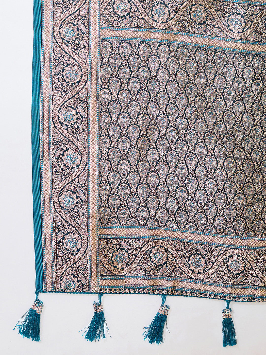 Navy Blue Banarasi Soft Silk Saree with Heavy Silver Zari Woven Border & Rich Pallu